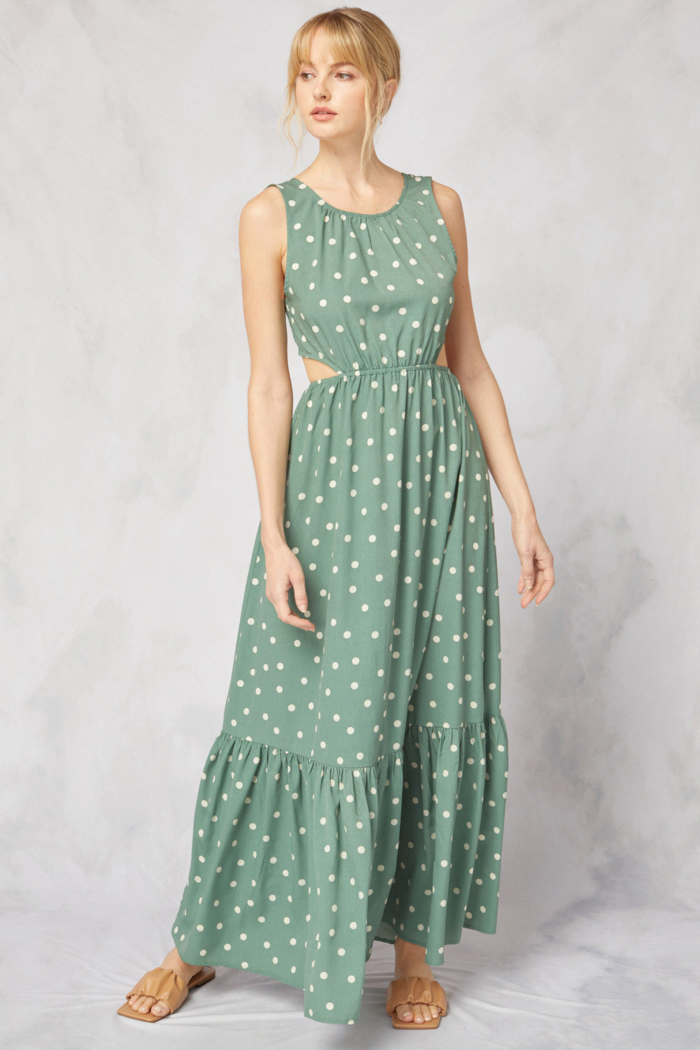 Polka Dot Print Sleeveless Tiered Maxi Dress - Debs on 5th
