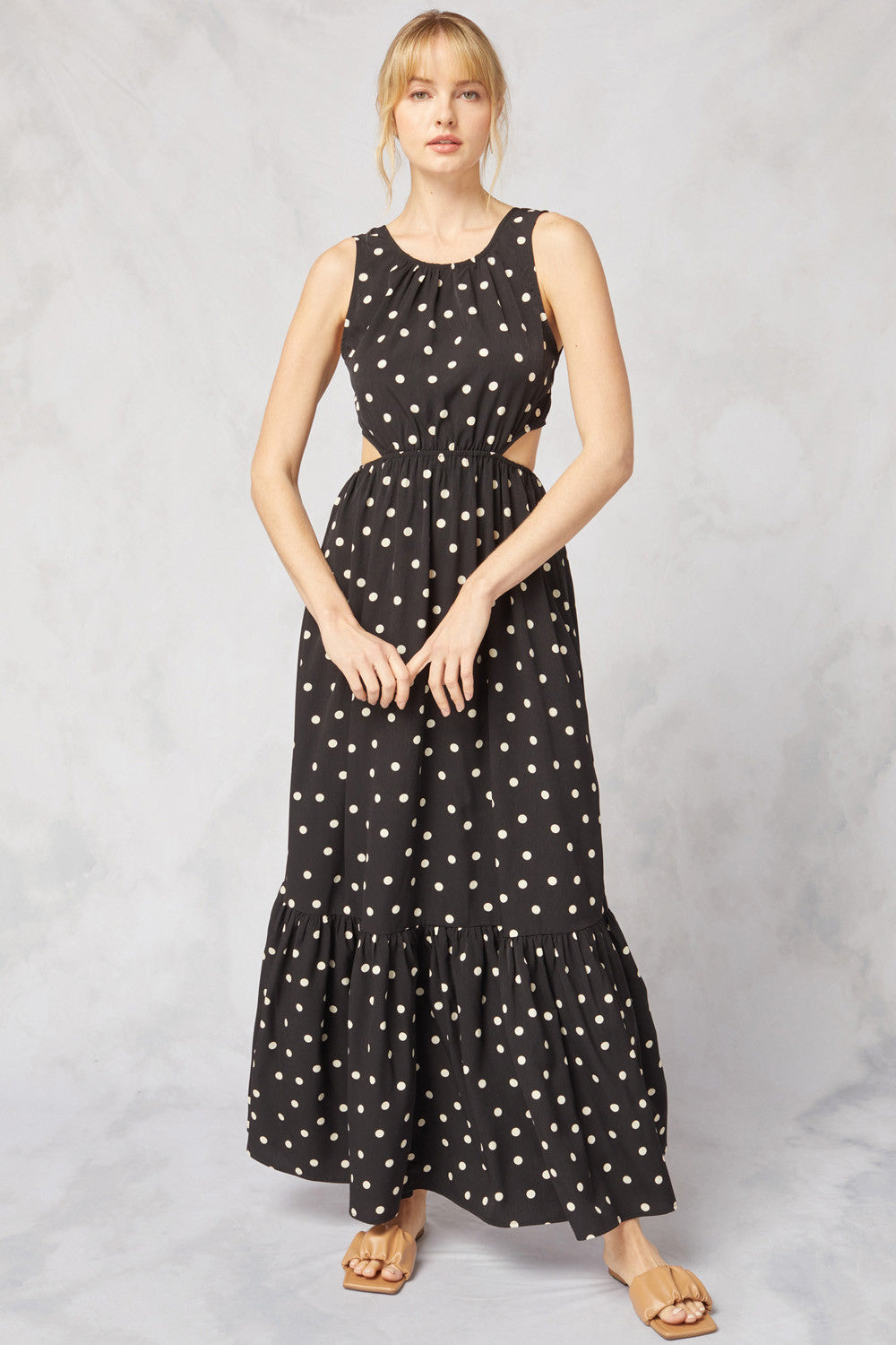 Polka Dot Print Sleeveless Tiered Maxi Dress - Debs on 5th