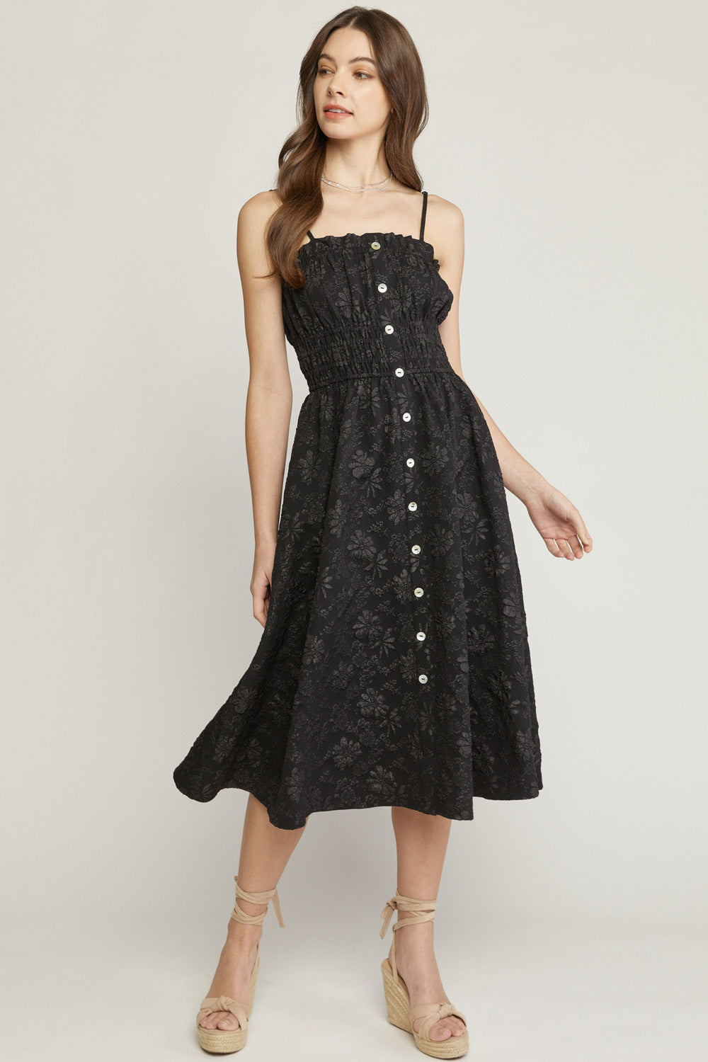 Floral Textured Spaghetti Strap Midi Dress - Debs on 5th