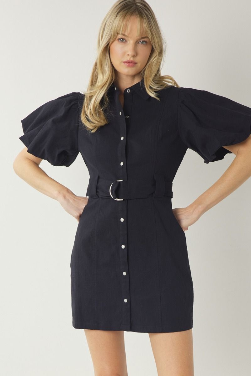 Bubble Sleeve Button Up Dress - Debs on 5th